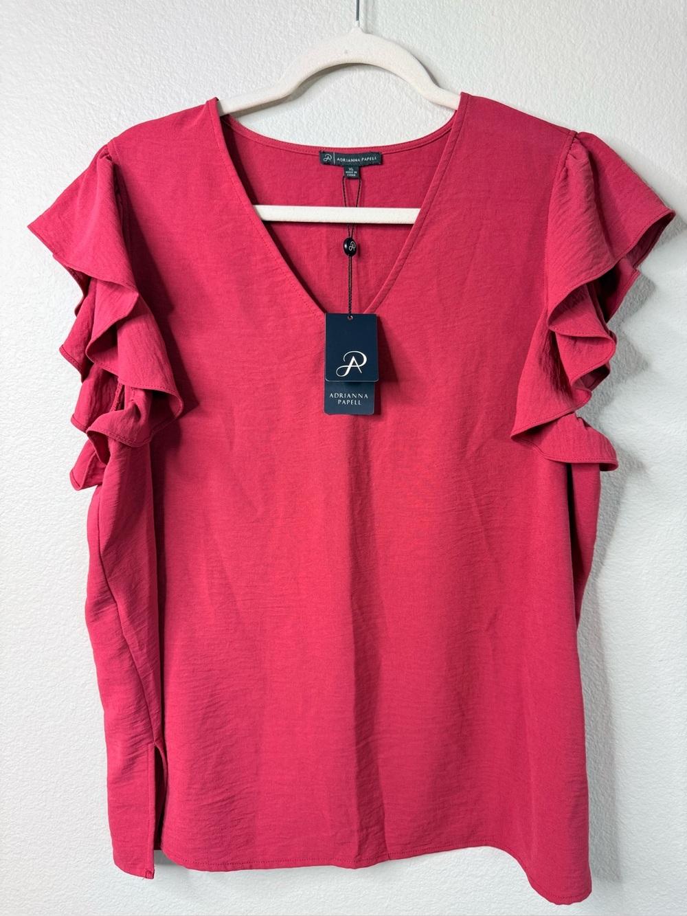Adrianna Papell Blouse Womens XL Pink Red Ruffle Sleeve V Neck Top NWT